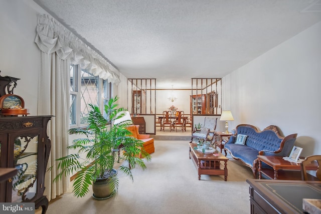 living room with sink, carpet floors, and a textured ceiling