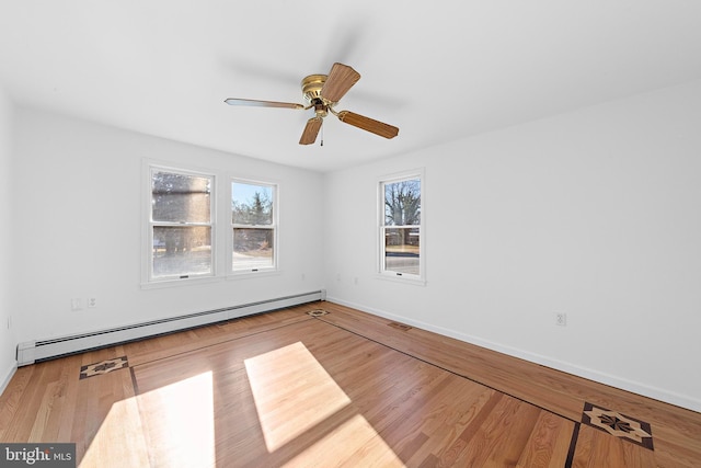 unfurnished room with ceiling fan, hardwood / wood-style floors, and a baseboard radiator