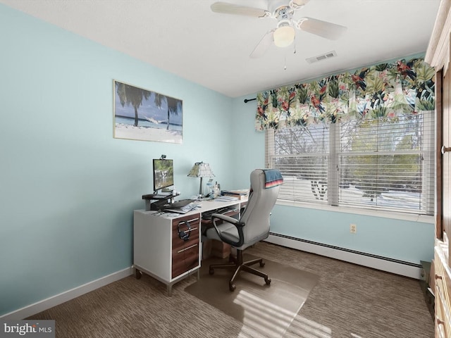 carpeted home office with ceiling fan and baseboard heating