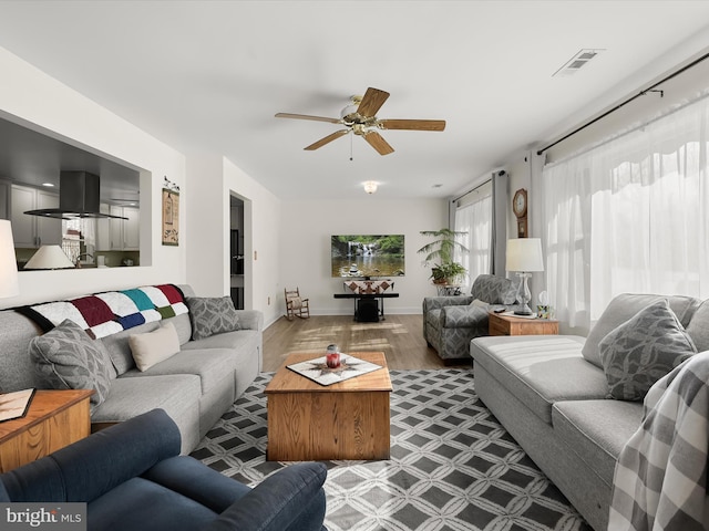 living room with ceiling fan and hardwood / wood-style floors