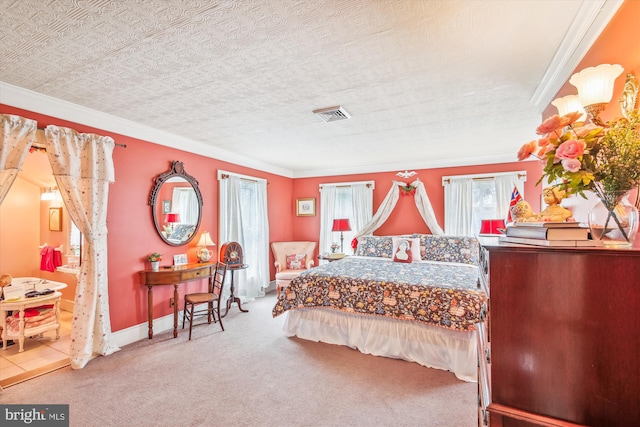 bedroom featuring carpet, a textured ceiling, and ornamental molding