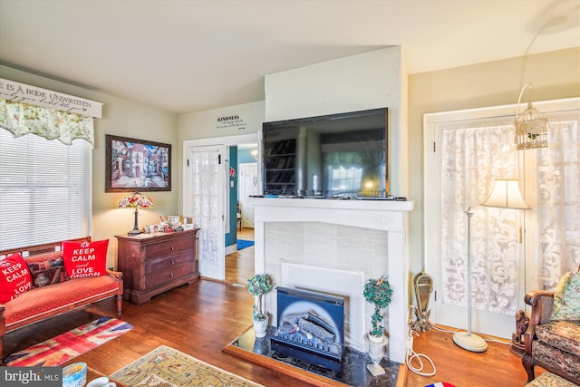 living room with a tiled fireplace and wood-type flooring