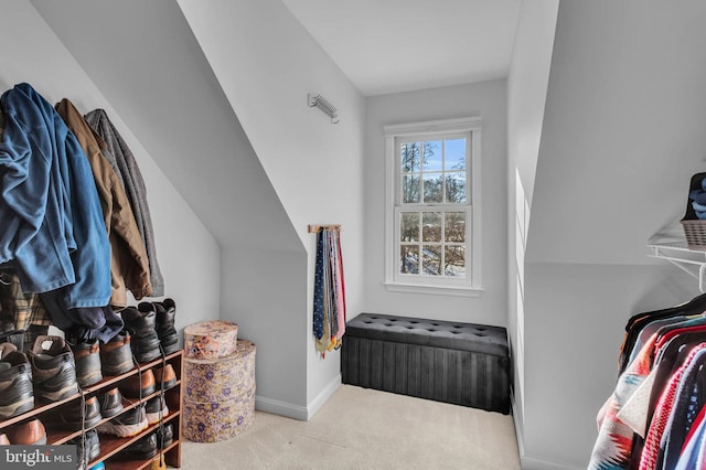 spacious closet featuring light colored carpet