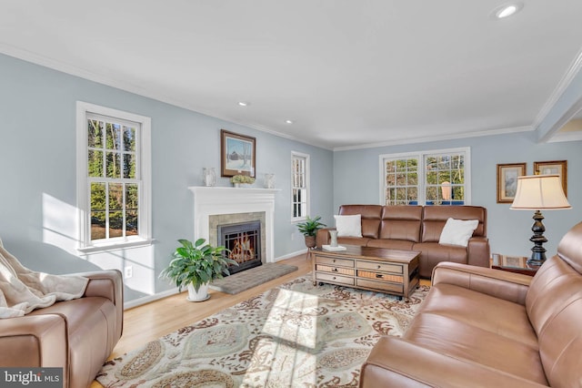 living room with crown molding, plenty of natural light, and light hardwood / wood-style floors