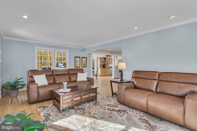 living room featuring ornamental molding and light wood-type flooring