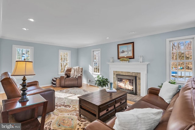 living room featuring a tiled fireplace, ornamental molding, and light hardwood / wood-style flooring