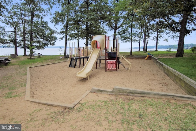 view of play area featuring a water view