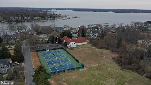 drone / aerial view featuring a water view