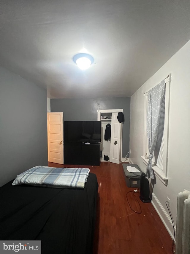 bedroom with dark hardwood / wood-style flooring and radiator heating unit