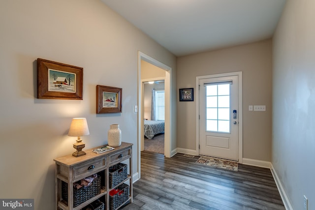 doorway to outside with dark wood-type flooring