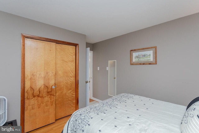 bedroom with hardwood / wood-style flooring and a closet