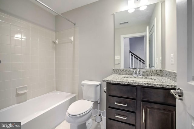 full bathroom with vanity,  shower combination, and toilet