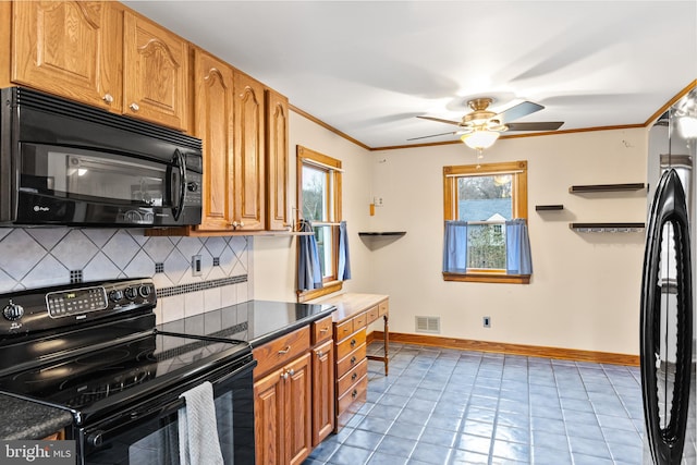 kitchen with decorative backsplash, ceiling fan, crown molding, and black appliances