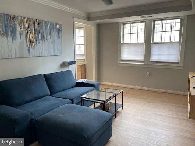 living room featuring light hardwood / wood-style floors, crown molding, and a wealth of natural light