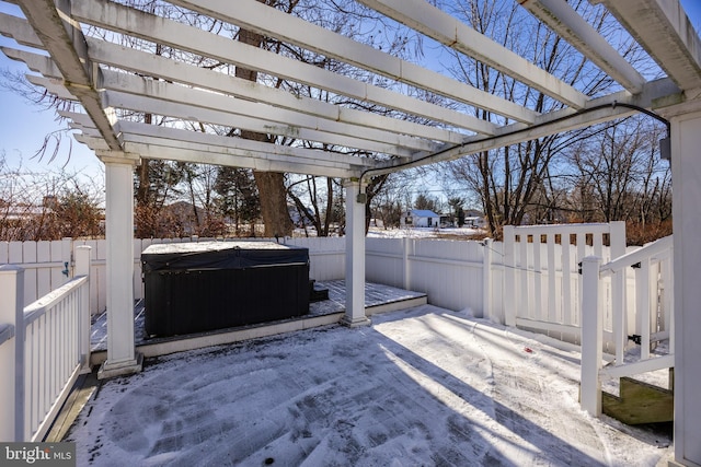 view of patio / terrace with a pergola and a hot tub