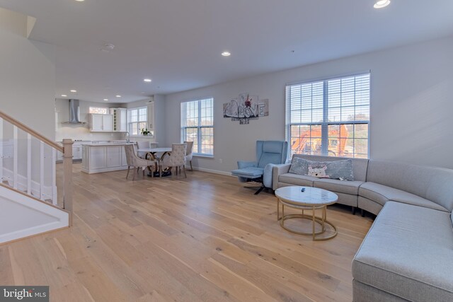 627 Halsey Way, Oxon Hill, MD 20745 - living room featuring light wood-style flooring, stairway, and recessed lighting