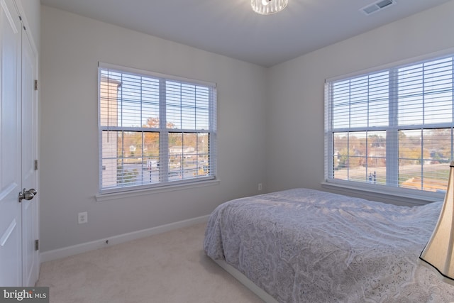 carpeted bedroom featuring multiple windows