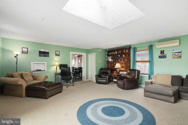 living room with a wall mounted AC and a textured ceiling