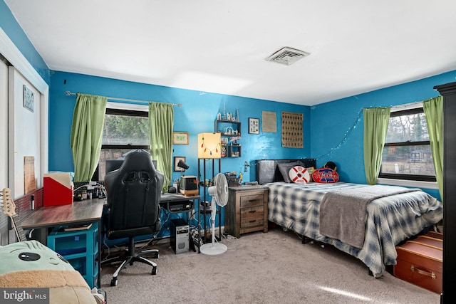 carpeted bedroom featuring multiple windows