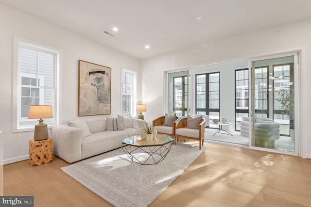 living room featuring light wood-type flooring and french doors