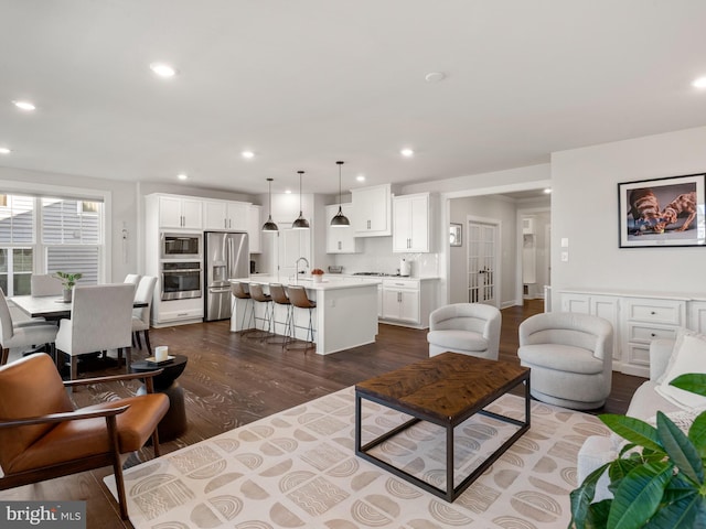 living room featuring dark hardwood / wood-style flooring and sink