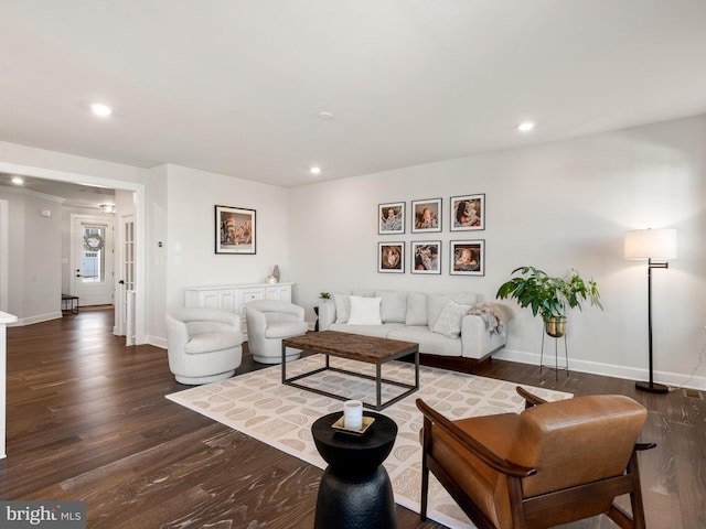 living room with dark hardwood / wood-style flooring