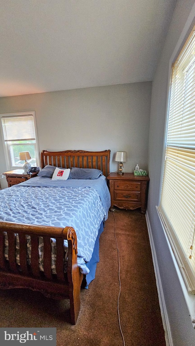 bedroom with multiple windows and dark colored carpet