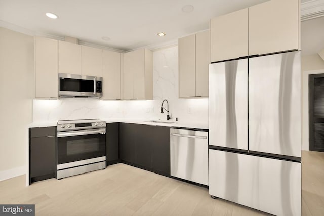 kitchen with white cabinetry, sink, backsplash, light hardwood / wood-style floors, and appliances with stainless steel finishes