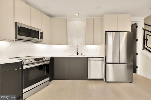 kitchen with sink, tasteful backsplash, light hardwood / wood-style flooring, gray cabinets, and appliances with stainless steel finishes