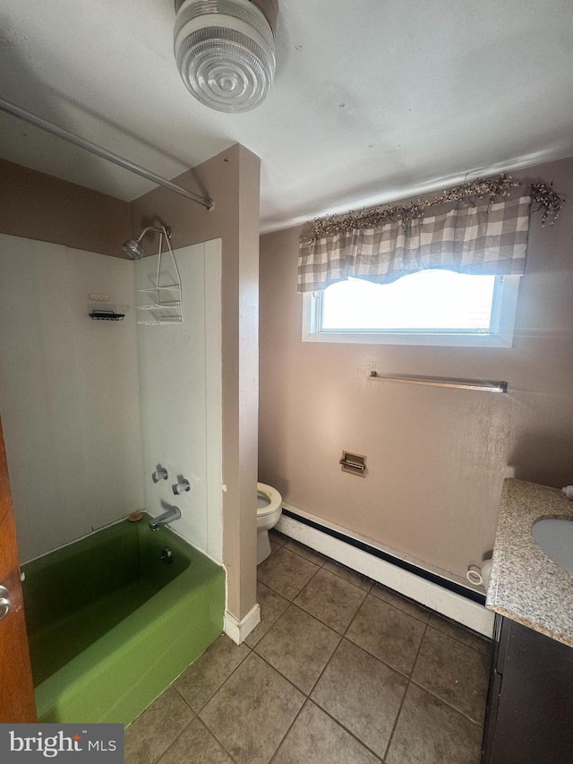 full bathroom with vanity, bathtub / shower combination, tile patterned flooring, toilet, and baseboard heating