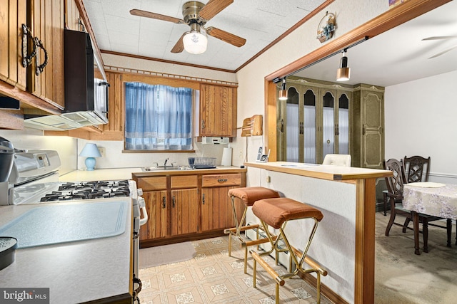 kitchen featuring white gas range, ceiling fan, sink, kitchen peninsula, and crown molding