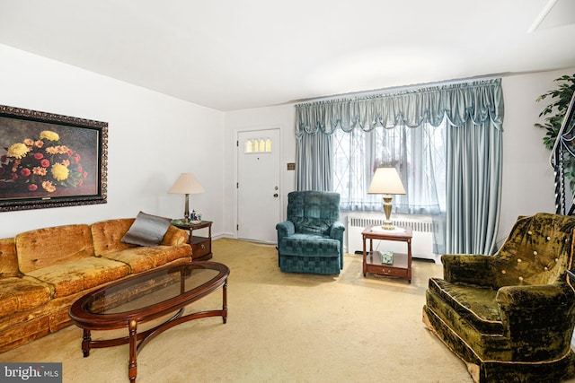 living room with radiator heating unit and carpet