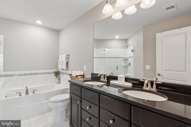 full bathroom featuring shower with separate bathtub, vanity, toilet, and tile patterned floors