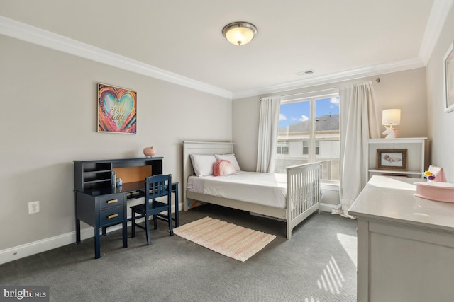 carpeted bedroom featuring ornamental molding