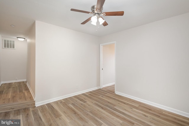 spare room with ceiling fan and light wood-type flooring