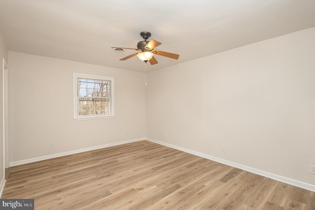 empty room with ceiling fan and light hardwood / wood-style floors