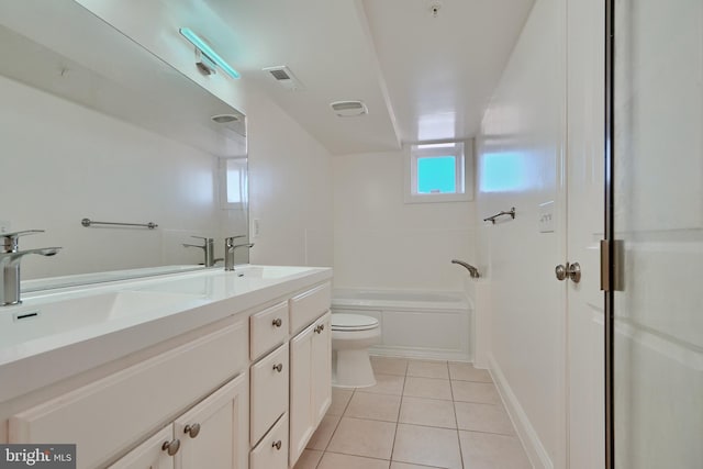 full bathroom featuring tile patterned floors, vanity, independent shower and bath, and toilet