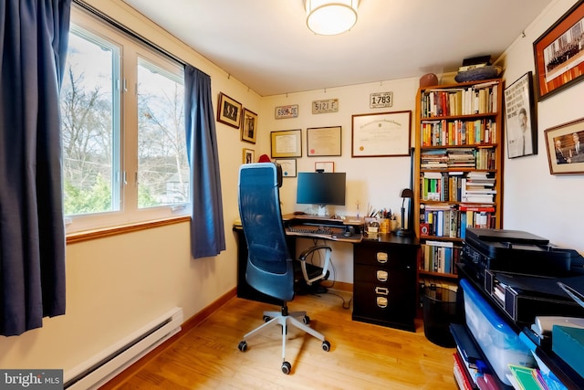 office area featuring light hardwood / wood-style flooring and a baseboard radiator