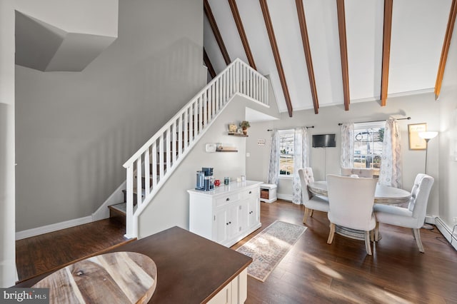 dining space with beamed ceiling, dark wood-type flooring, and high vaulted ceiling