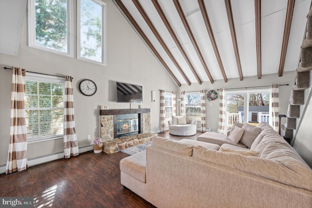 living room featuring dark hardwood / wood-style flooring, a fireplace, high vaulted ceiling, and a healthy amount of sunlight