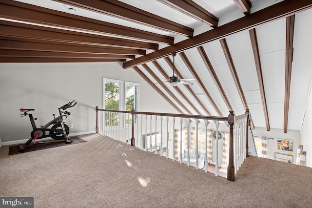 stairs with carpet flooring, vaulted ceiling with beams, and ceiling fan