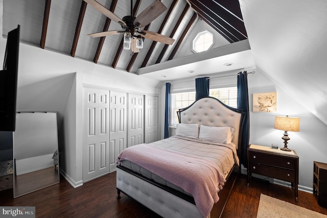 bedroom featuring beamed ceiling, ceiling fan, dark wood-type flooring, and high vaulted ceiling