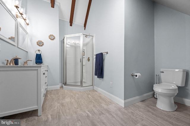 bathroom with vanity, vaulted ceiling with beams, toilet, and a shower with shower door