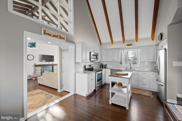 kitchen with high vaulted ceiling, sink, tasteful backsplash, white cabinetry, and stainless steel appliances