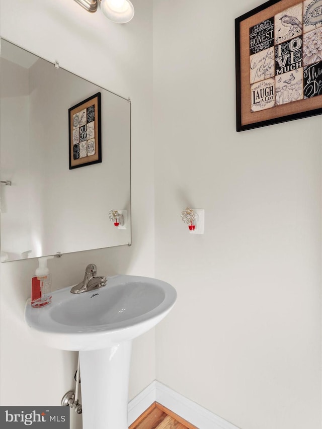 bathroom with wood-type flooring