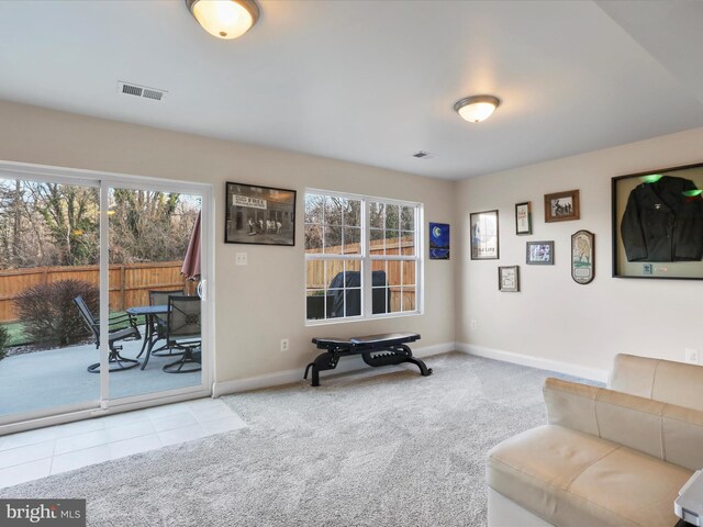 living area with light colored carpet