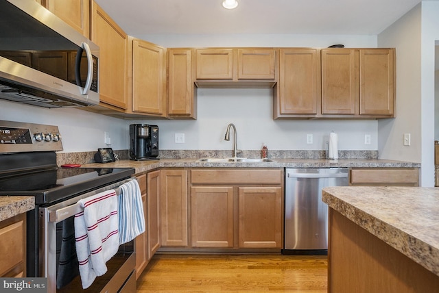 kitchen featuring sink, appliances with stainless steel finishes, and light hardwood / wood-style flooring