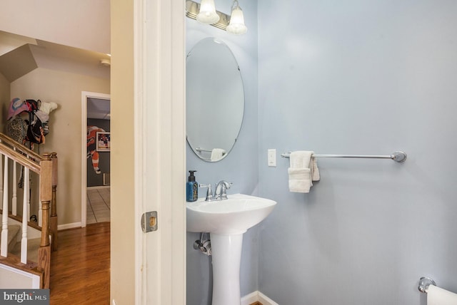 bathroom featuring wood-type flooring and sink