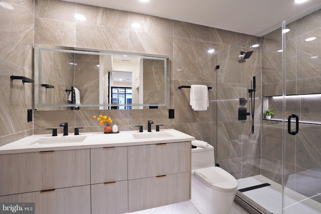 bathroom featuring walk in shower, vanity, tile walls, toilet, and tasteful backsplash