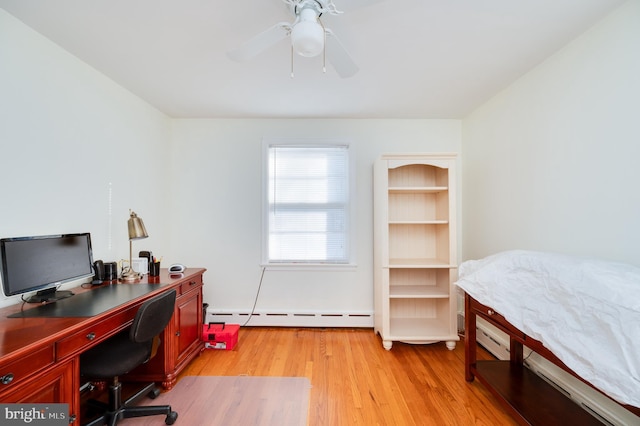 bedroom featuring light hardwood / wood-style floors, ceiling fan, and a baseboard heating unit